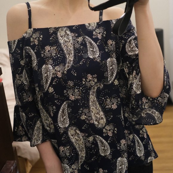 Navy Paisley & Floral pattern Off Shoulder Blouse - Picture 5 of 11